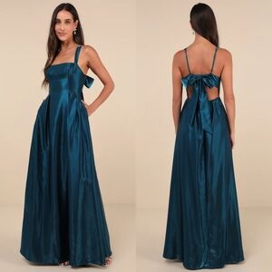 Lulus Immaculate Aura Shiny Dark Teal Taffeta Maxi Dress With Pockets S Wedding